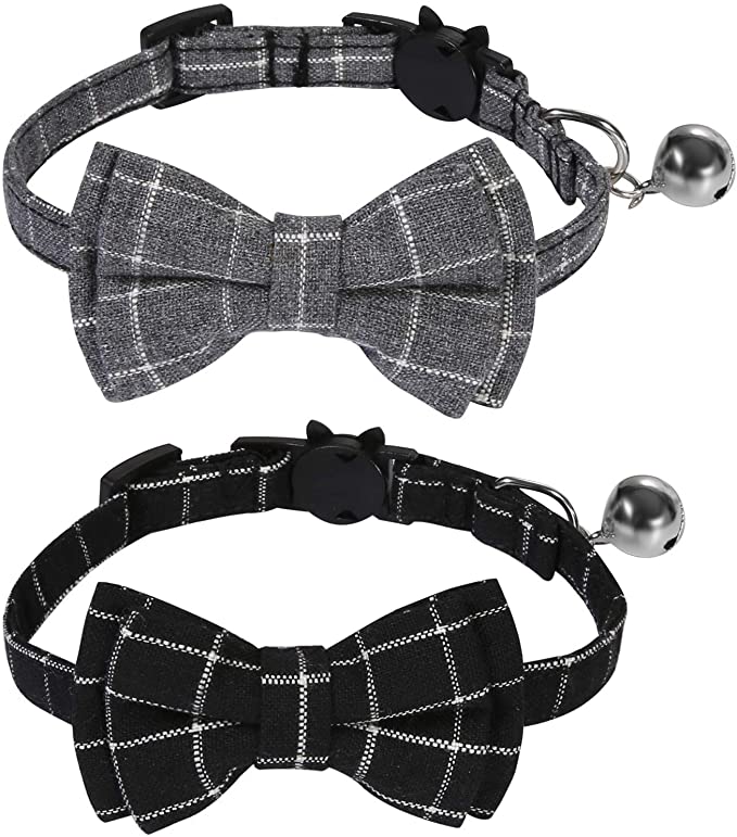 SLSON 2 Pack Breakaway Cat Collar with Bell and Bow Tie Plaid Kitten Collar for Cats and Small Dogs P