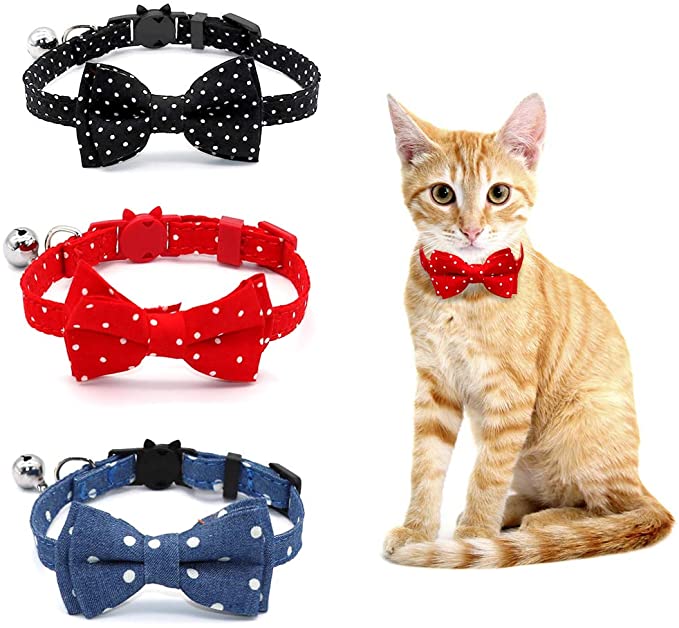 SLSON 3 Pack Cat Collars Breakaway with Bell Wave Point Kitten Collars with Cute Bow Tie for Pet Kitt
