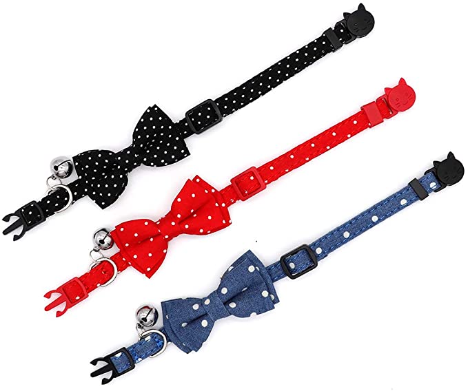 SLSON 3 Pack Cat Collars Breakaway with Bell Wave Point Kitten Collars with Cute Bow Tie for Pet Kitt