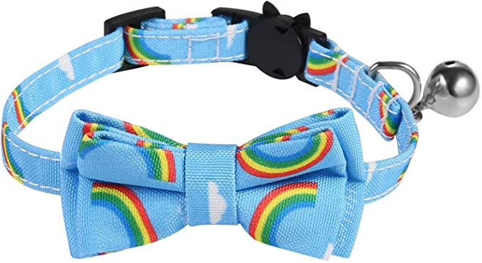 SLSON Cat Collar Breakaway with Bell Kitten Collar with Cute Bowtie Rainbow Pattern Collar for Cats a