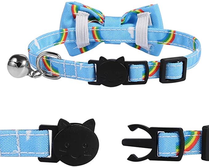 SLSON Cat Collar Breakaway with Bell Kitten Collar with Cute Bowtie Rainbow Pattern Collar for Cats a