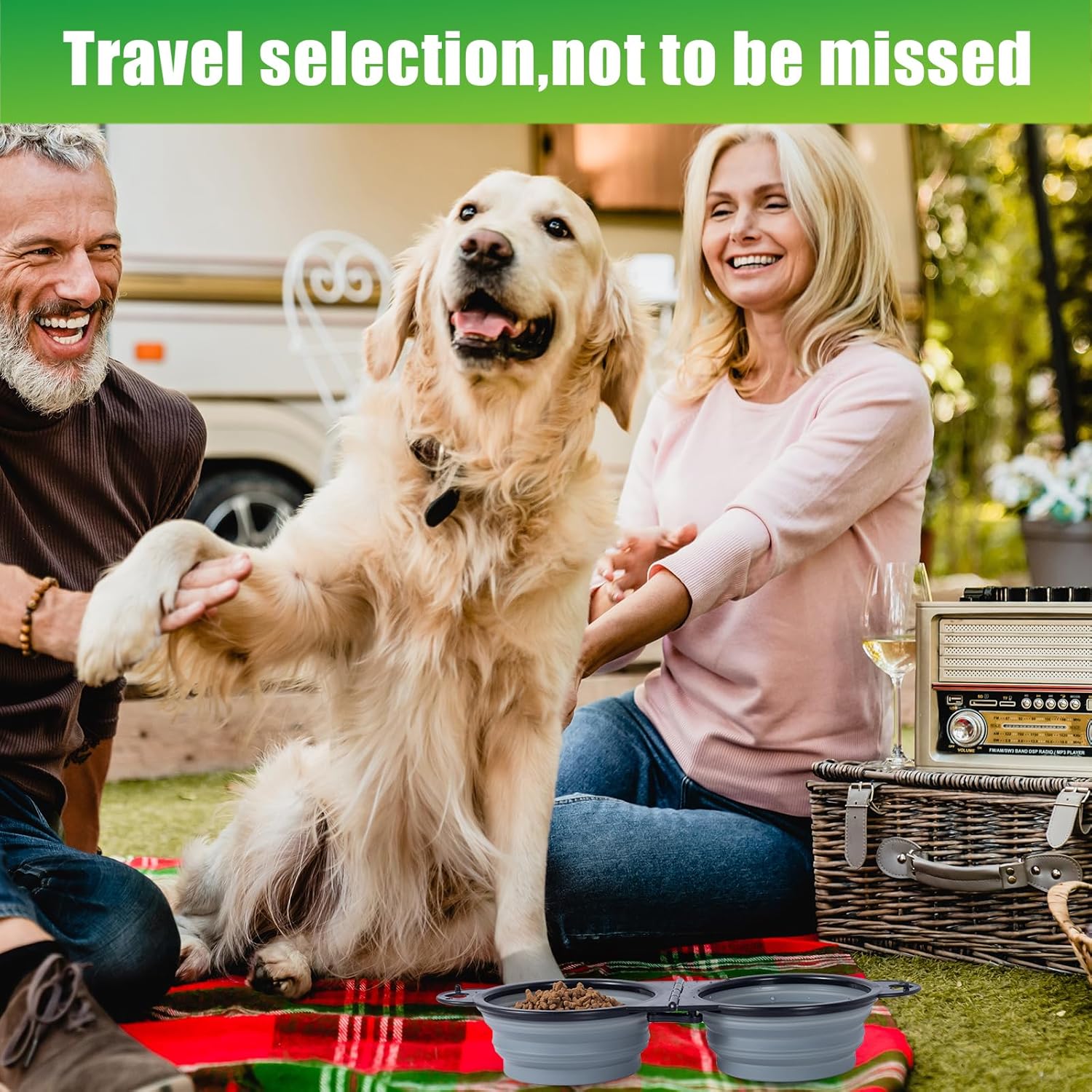 SLSON Collapsible Dog Dual Bowls Reinforced Rim 180 Degrees Flip Over Foldable Double Bowl with Lock 