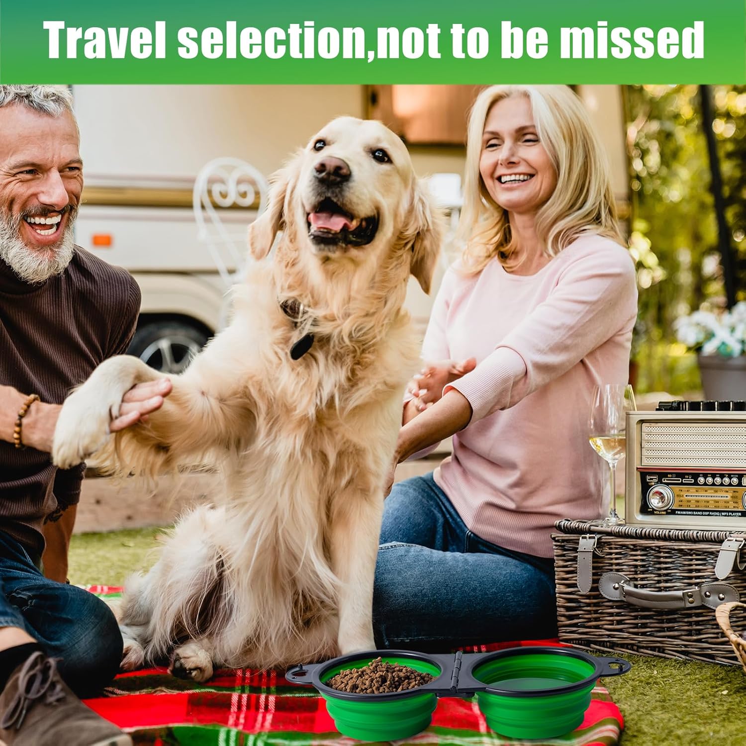 SLSON Collapsible Dog Dual Bowls Reinforced Rim 180 Degrees Flip Over Foldable Double Bowl with Lock 