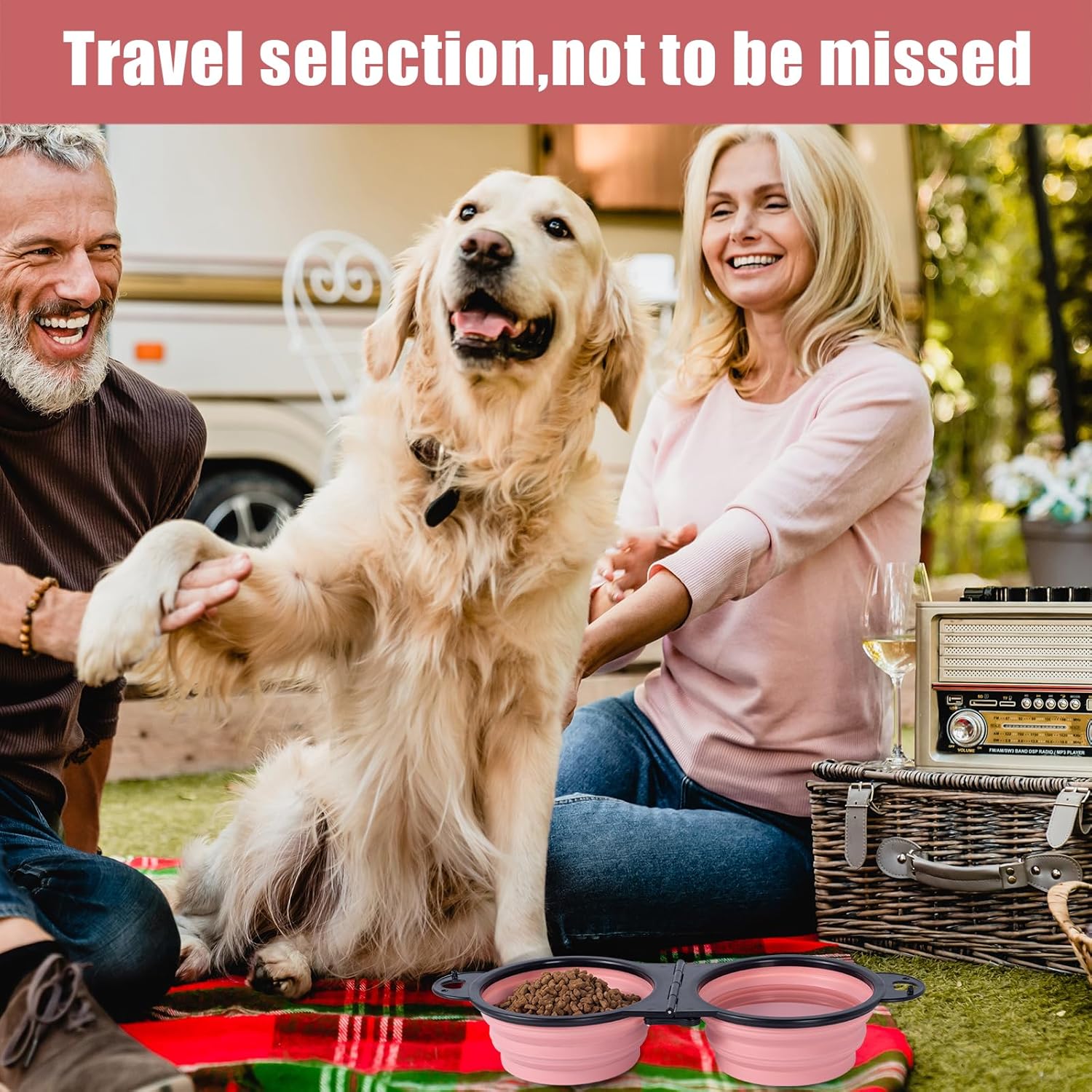 SLSON Collapsible Dog Dual Bowls Reinforced Rim 180 Degrees Flip Over Foldable Double Bowl with Lock 