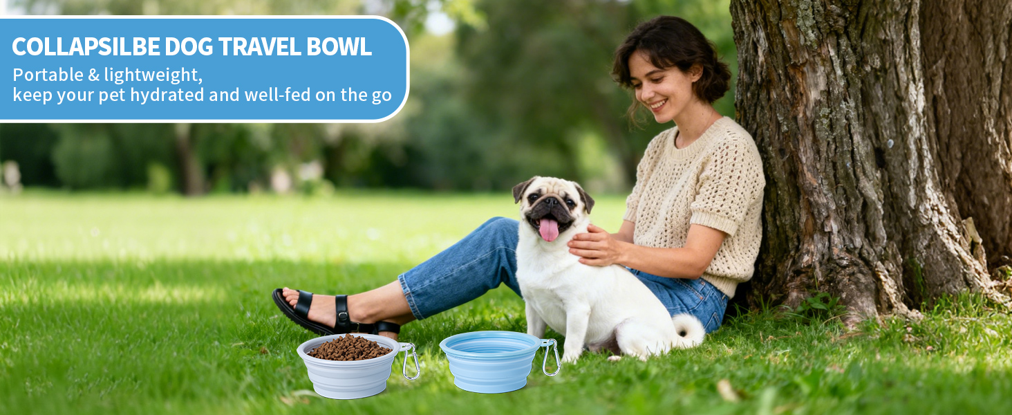 Text reads 'COLLAPSE RF DOG TRAVEL BOWL'. Outdoor scene showing collapsible pet bowl being used by a dog near trees.
