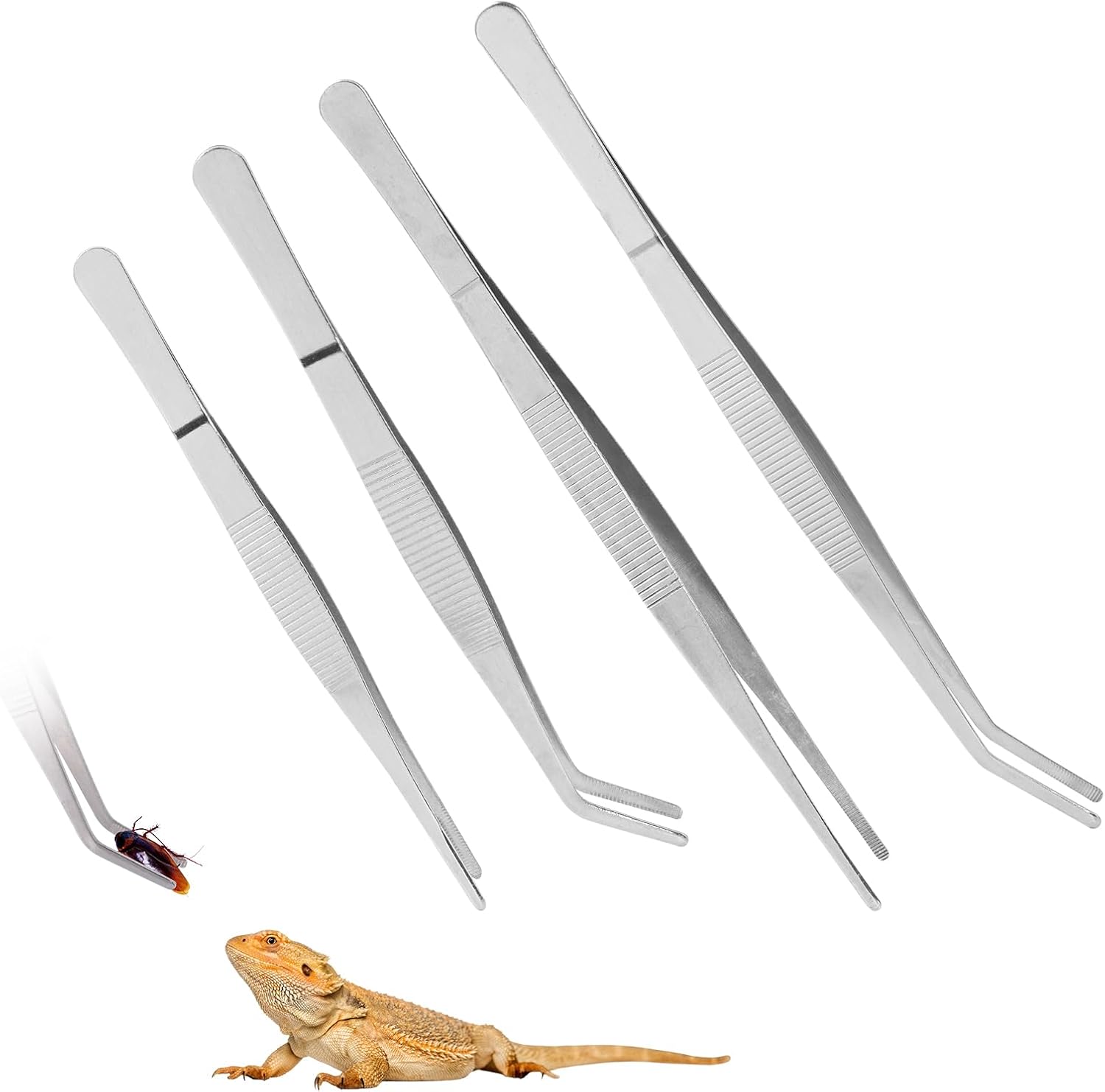 SLSON Reptile Feeding Tongs, 4-Pack Stainless Steel Straight and Curved Tweezers, Handling Tools for 