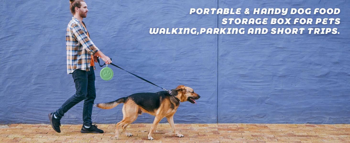 Text reads 'PORTABLE & HANDS-FREE FOOD STORAGE BOX FOR PETS WALKING,JOGGING AND SHORT TRIPS'. Person walking dog on beach.