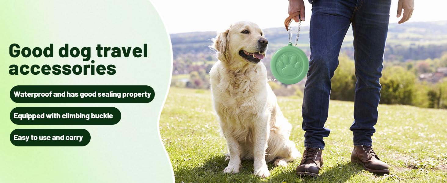 Text reads 'Good dog travel accessories'. Golden retriever dog walking alongside person on grassy field beneath text overlay.