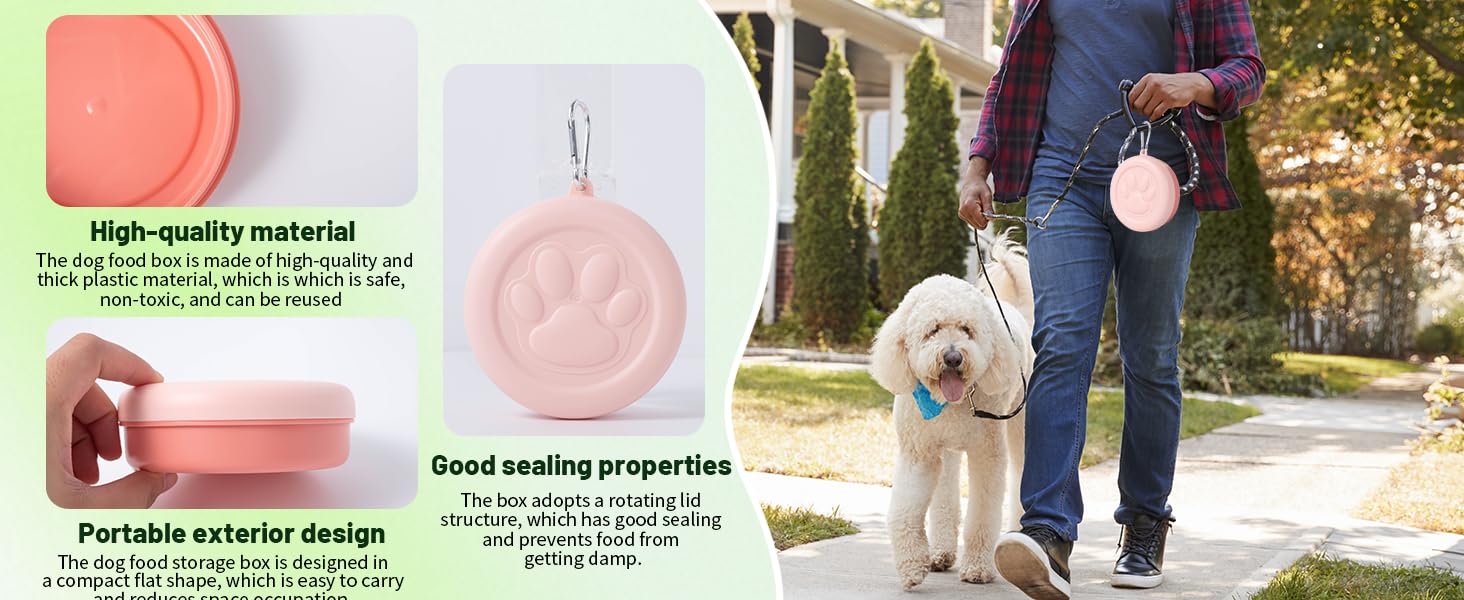 Text reads 'Best sealant properties' and 'Premium exterior design'. Split image showing pink product packaging and outdoor scene with pet leash.